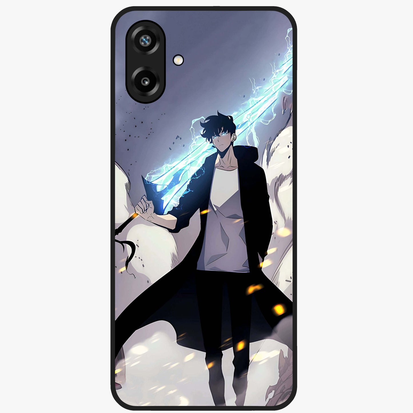Dark Lightning Anime Warrior Glass Case showing flat back view with intense anime warrior artwork and glossy glass finish.