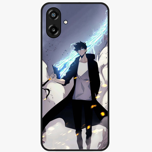 Dark Lightning Anime Warrior Glass Case showing flat back view with intense anime warrior artwork and glossy glass finish.