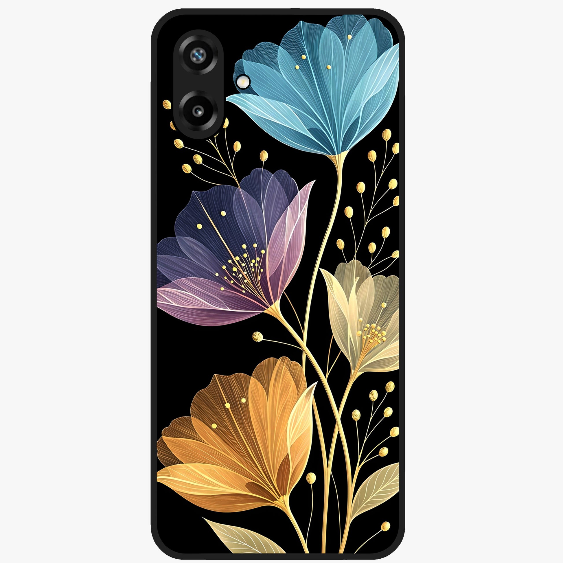 Delicate Multicolor Flowers Glass Case showing flat back view with vibrant floral artwork and glossy glass finish.