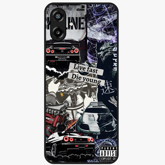 Die Young Glass Case showing flat back view with bold artistic typography design and glossy glass finish.