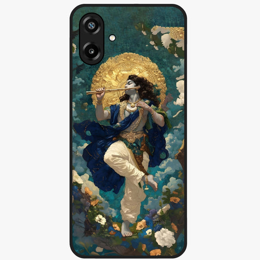 Divine Krishna Art Glass Case showing flat back view with Lord Krishna artwork and glossy glass finish.