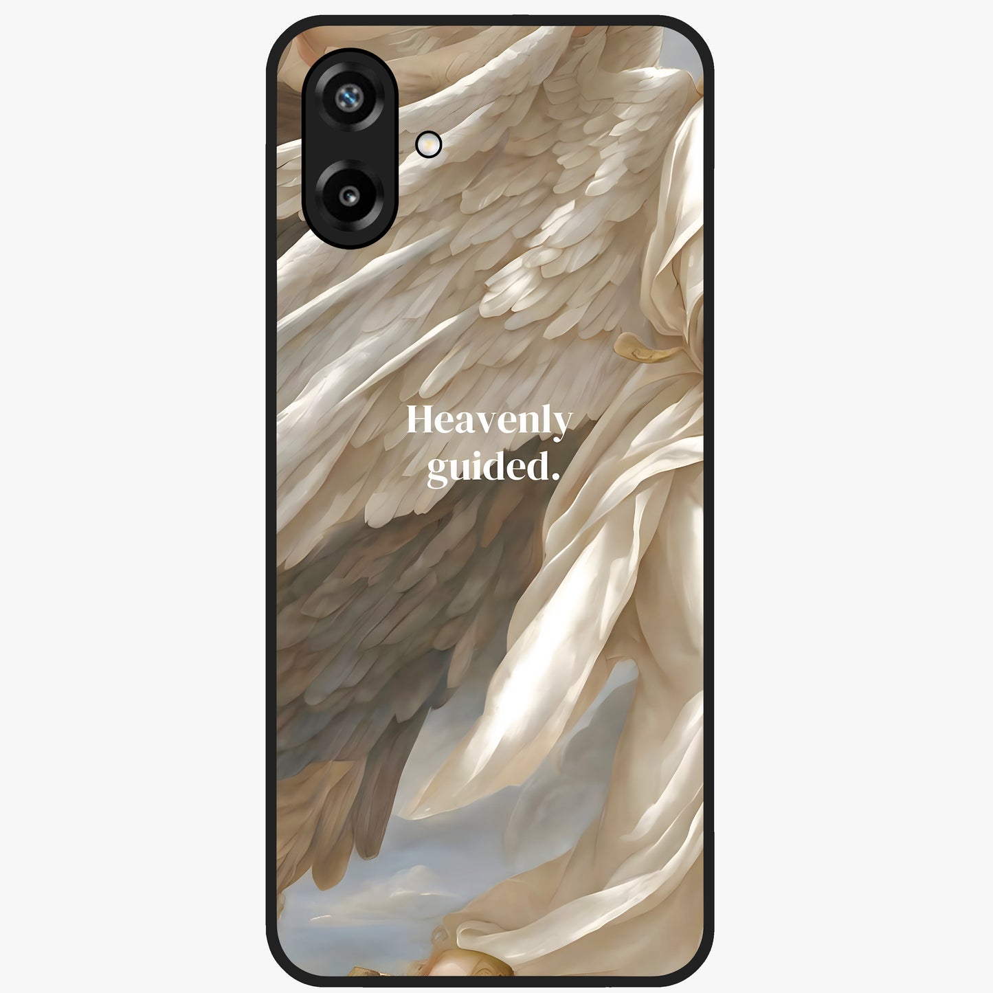 Divine Winged Grace Glass Case showing flat back view with elegant wing inspired artwork and glossy glass finish.