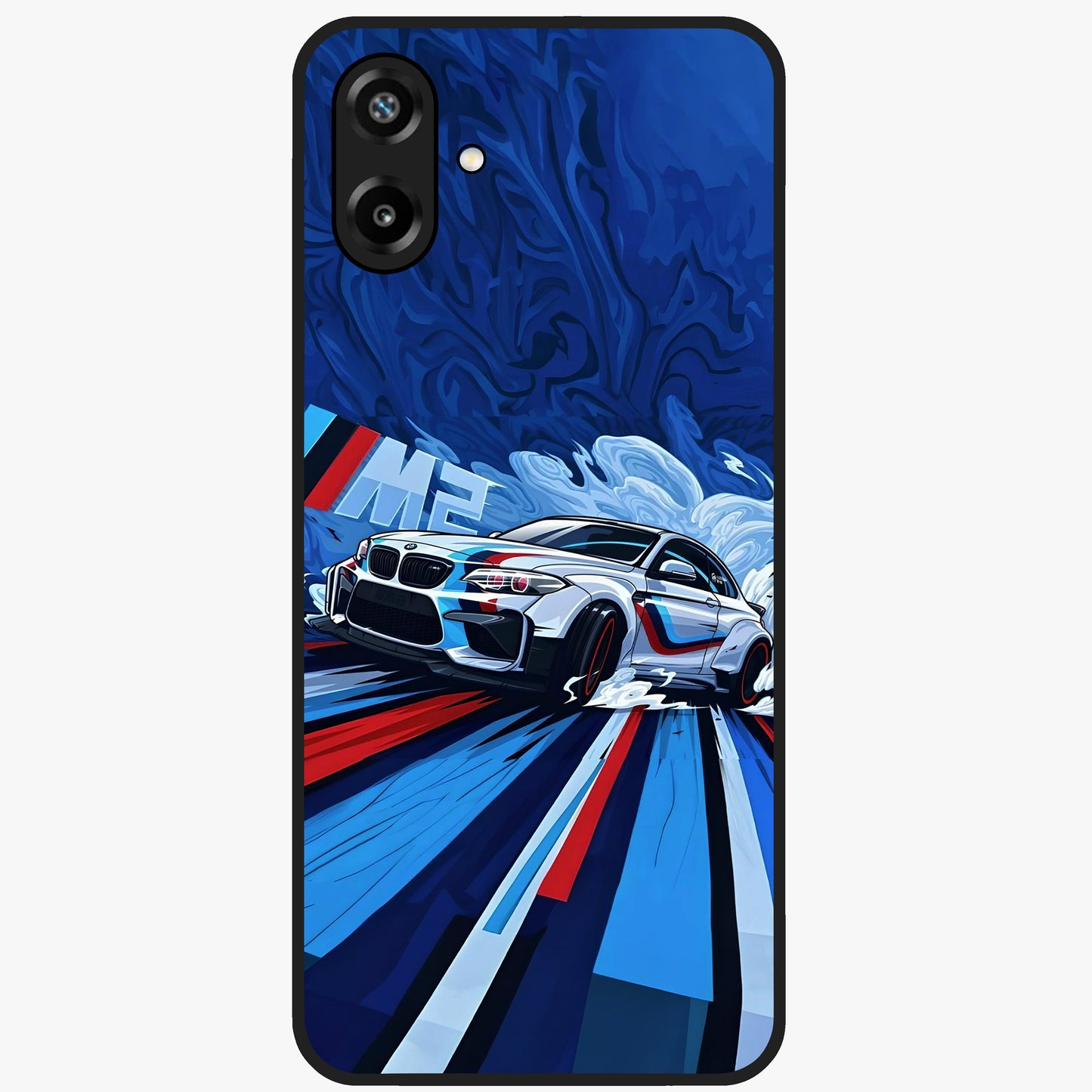 Drift Power Rush Glass Case showing flat back view with dynamic racing inspired artwork and glossy glass finish.