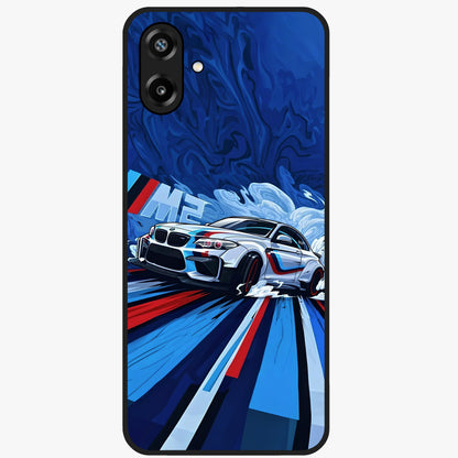 Drift Power Rush Glass Case showing flat back view with dynamic racing inspired artwork and glossy glass finish.