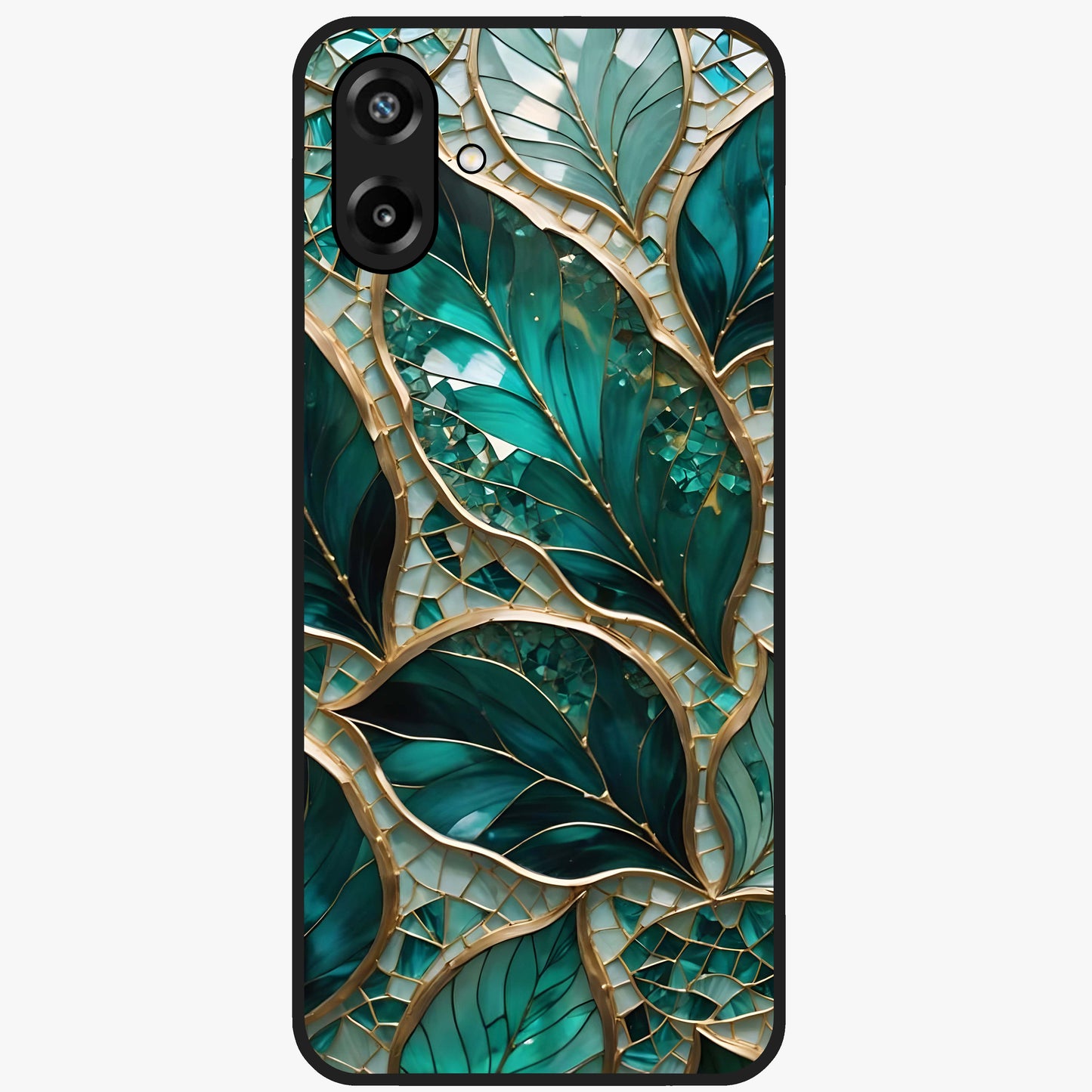 Emerald Leaf Glass Glass Case showing flat back view with emerald green leaf artwork and glossy glass finish.