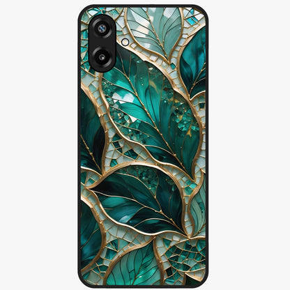 Emerald Leaf Glass Glass Case showing flat back view with emerald green leaf artwork and glossy glass finish.