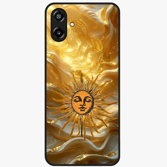 Eternal Golden Glow Glass Case showing flat back view with radiant golden themed artwork and glossy glass finish.
