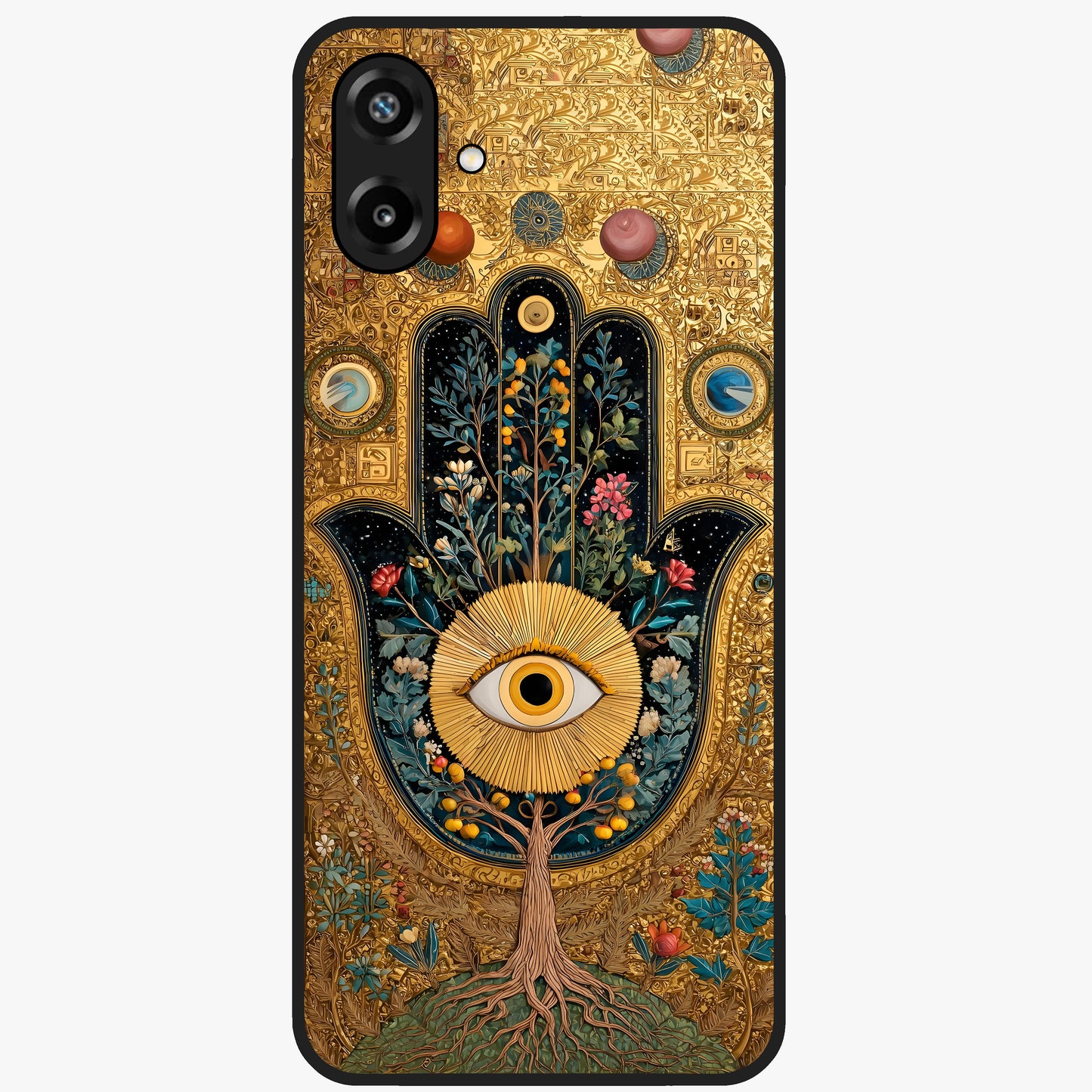 Ethereal Evil Eye Glass Case showing flat back view with mystical evil eye artwork and glossy glass finish.