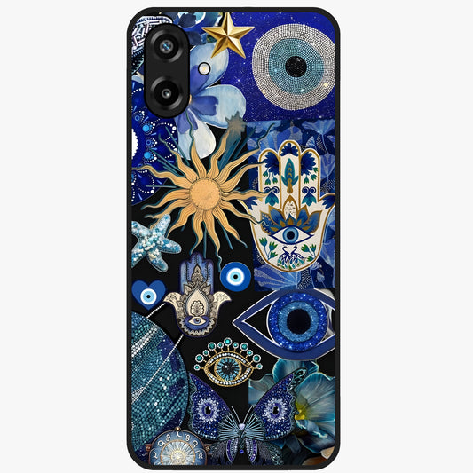 Evil Eye Charm Mix Glass Case showing flat back view with multiple evil eye charms artwork and glossy glass finish.
