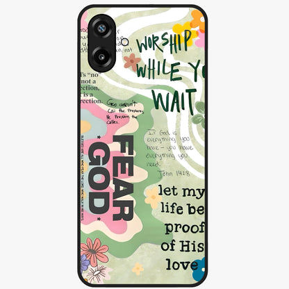 Faith Over Fear Glass Case showing flat back view with motivational typography artwork and glossy glass finish.
