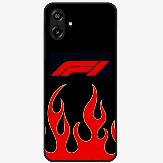 Fire F11 Glass Case showing flat back view with fiery themed artwork and glossy glass finish.