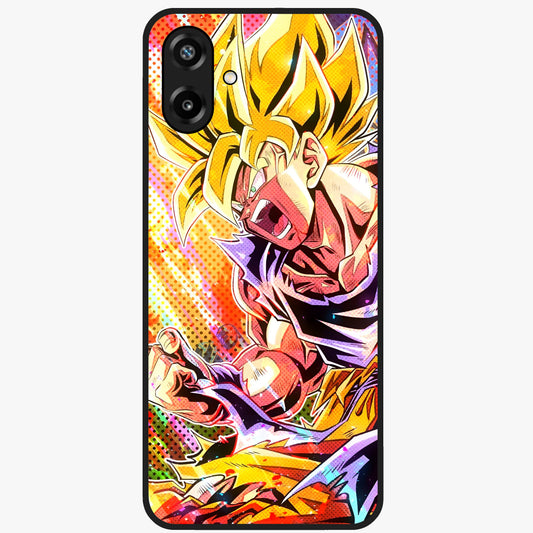 Firing Goku Glass Case showing flat back view with powerful anime inspired artwork and glossy glass finish.