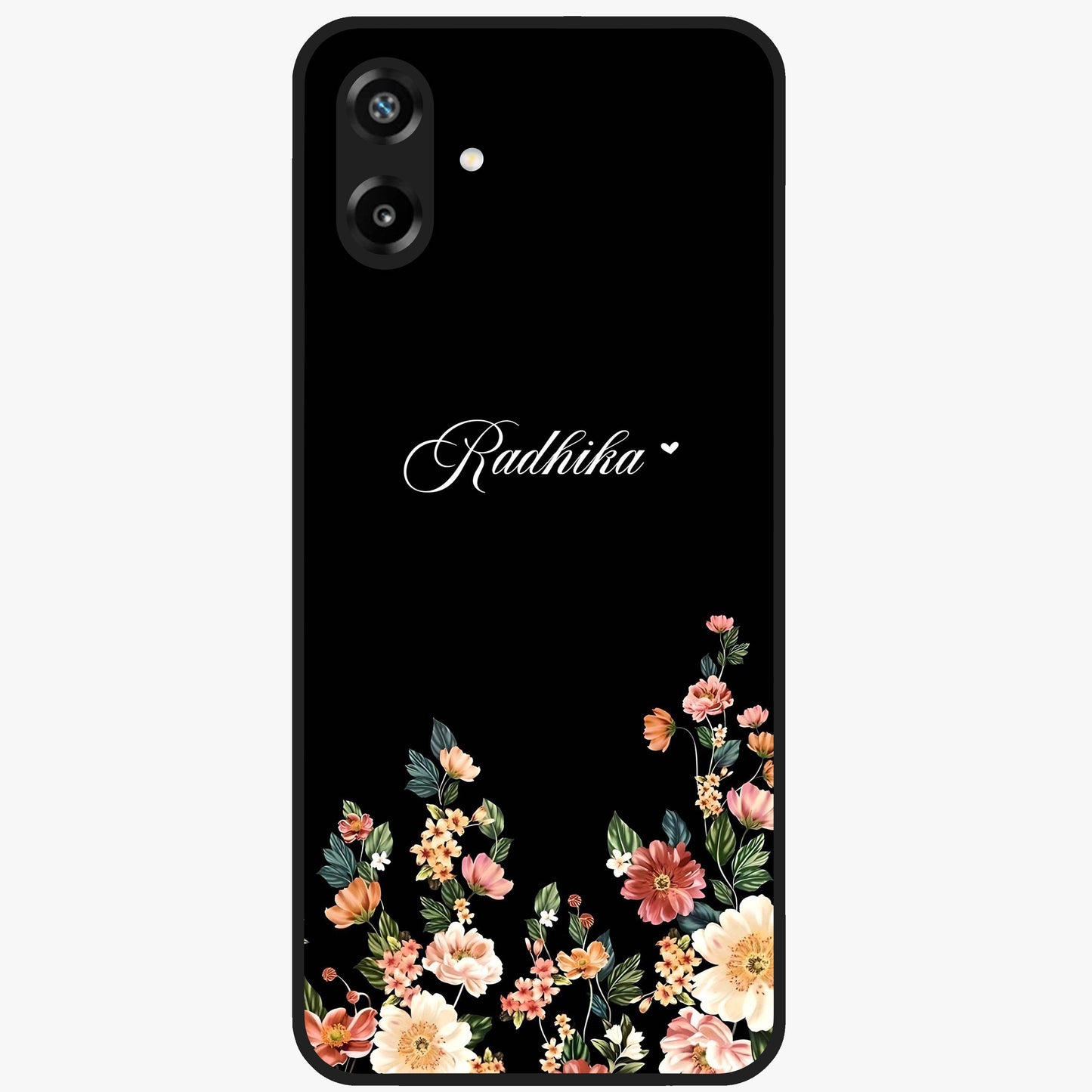 Floral Design With a Custom Personalized Name Glass Case showing flat back view with floral artwork and personalized name design.