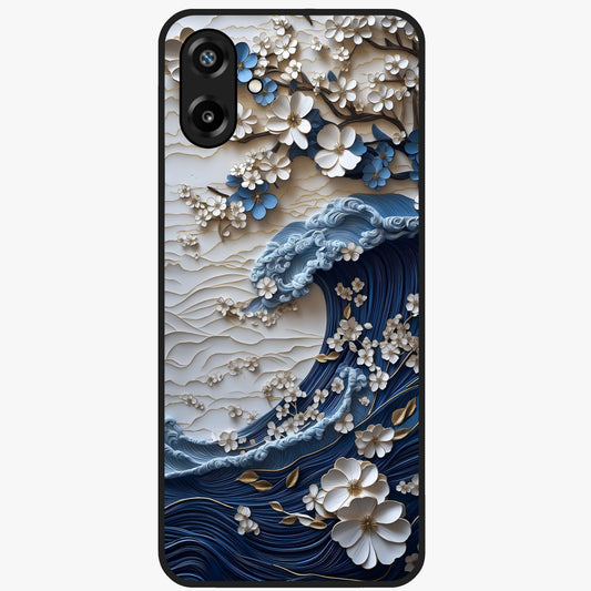 Floral Wave Origami Glass Case showing flat back view with origami inspired floral wave artwork and glossy glass finish.