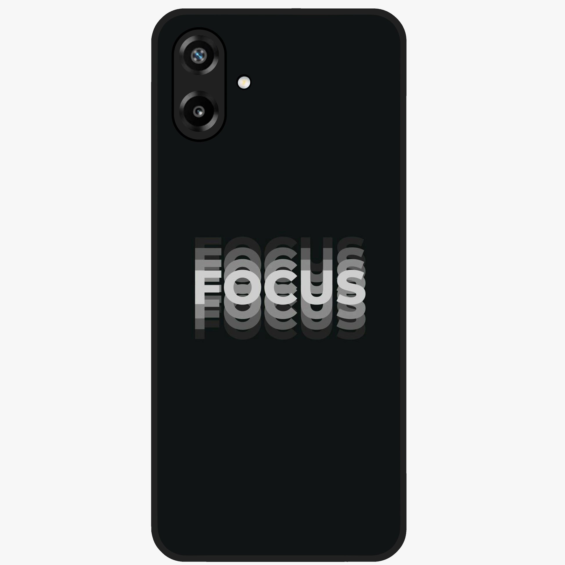 Focus Mode On Glass Case showing flat back view with bold motivational typography design and glossy glass finish.
