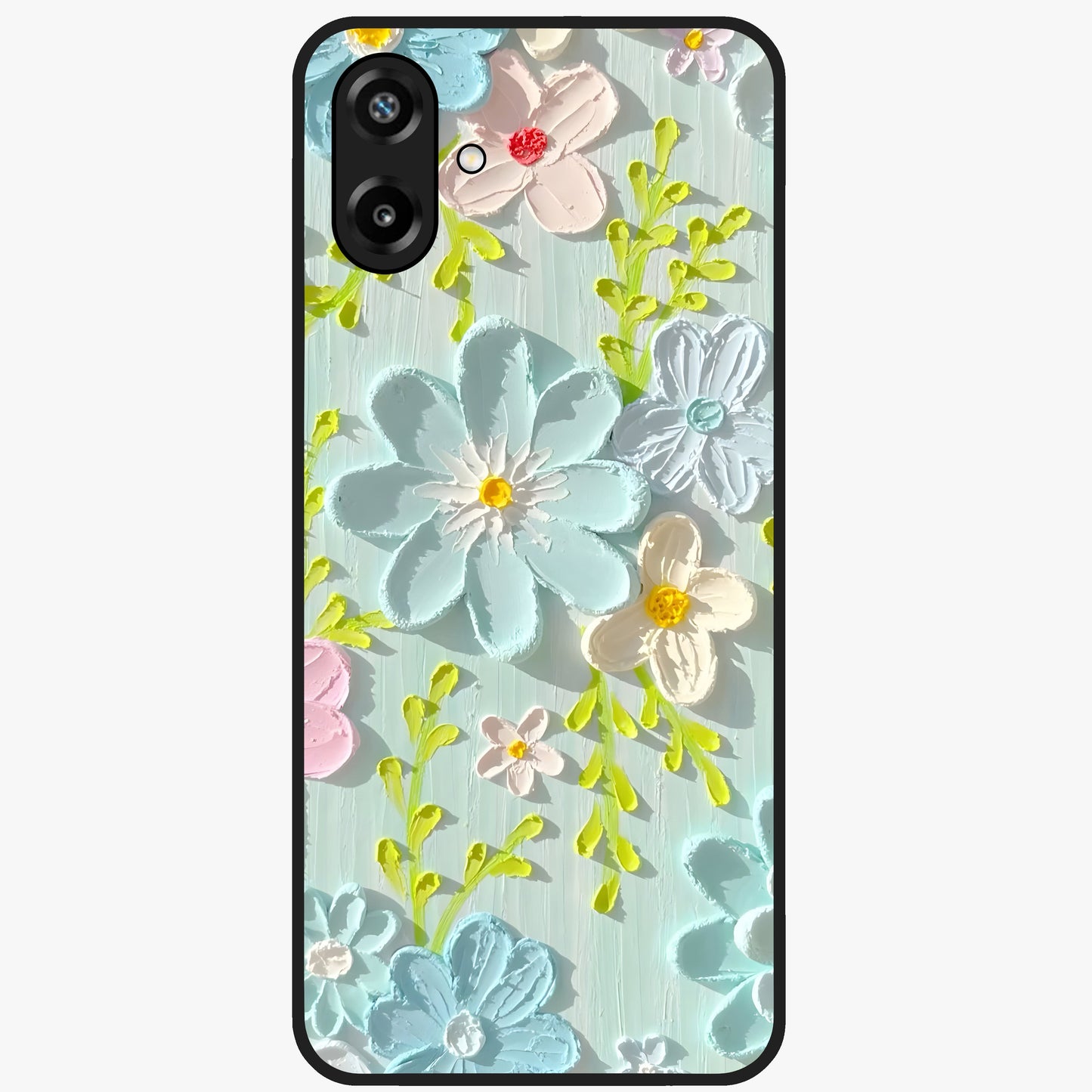 Frosted Petal Garden Glass Case showing flat back view with soft frosted floral artwork and glossy glass finish.
