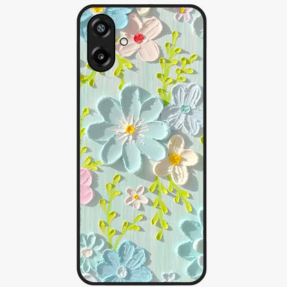 Frosted Petal Garden Glass Case showing flat back view with soft frosted floral artwork and glossy glass finish.