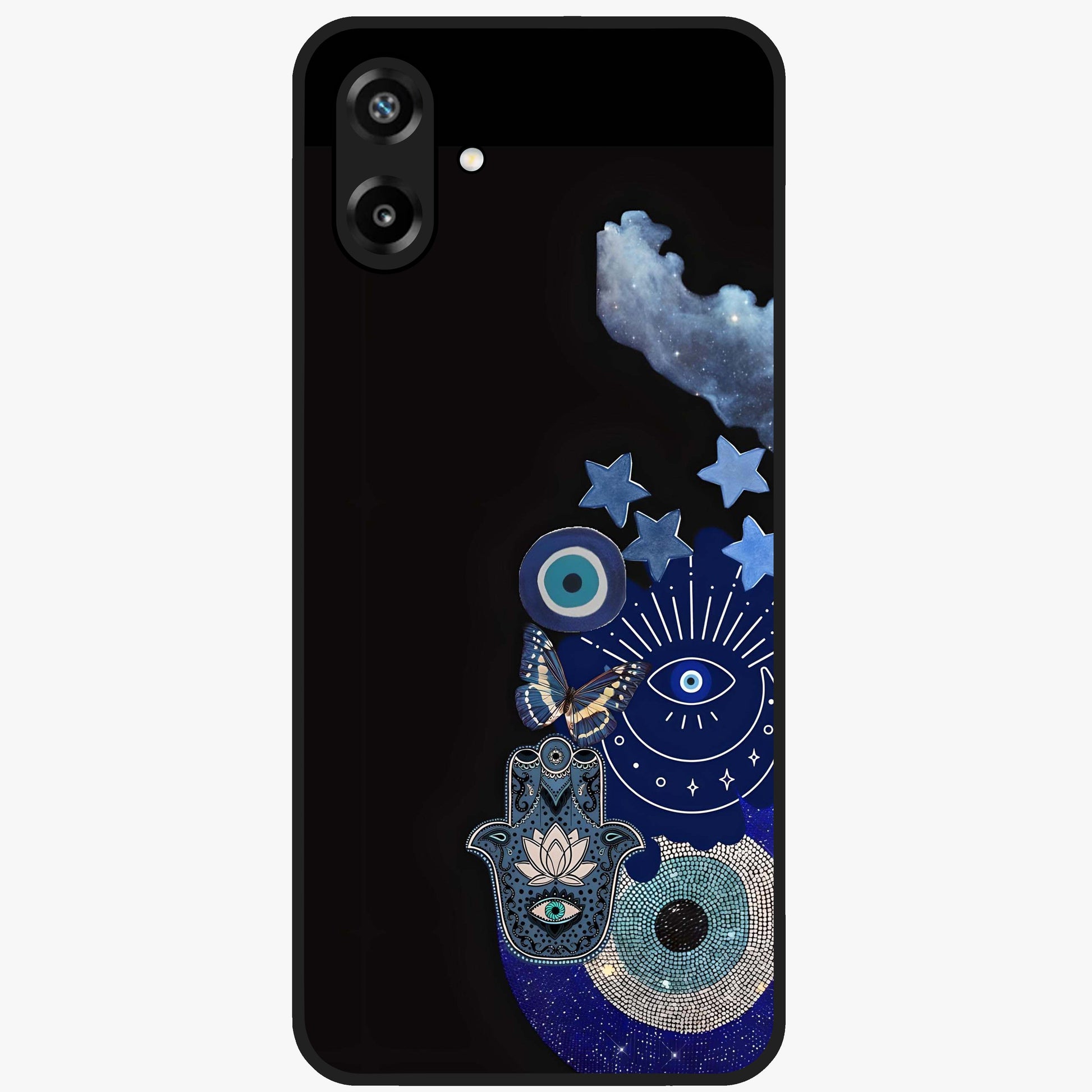 Galactic Charm Cluster Glass Case showing flat back view with glowing celestial charm artwork and glossy glass finish.