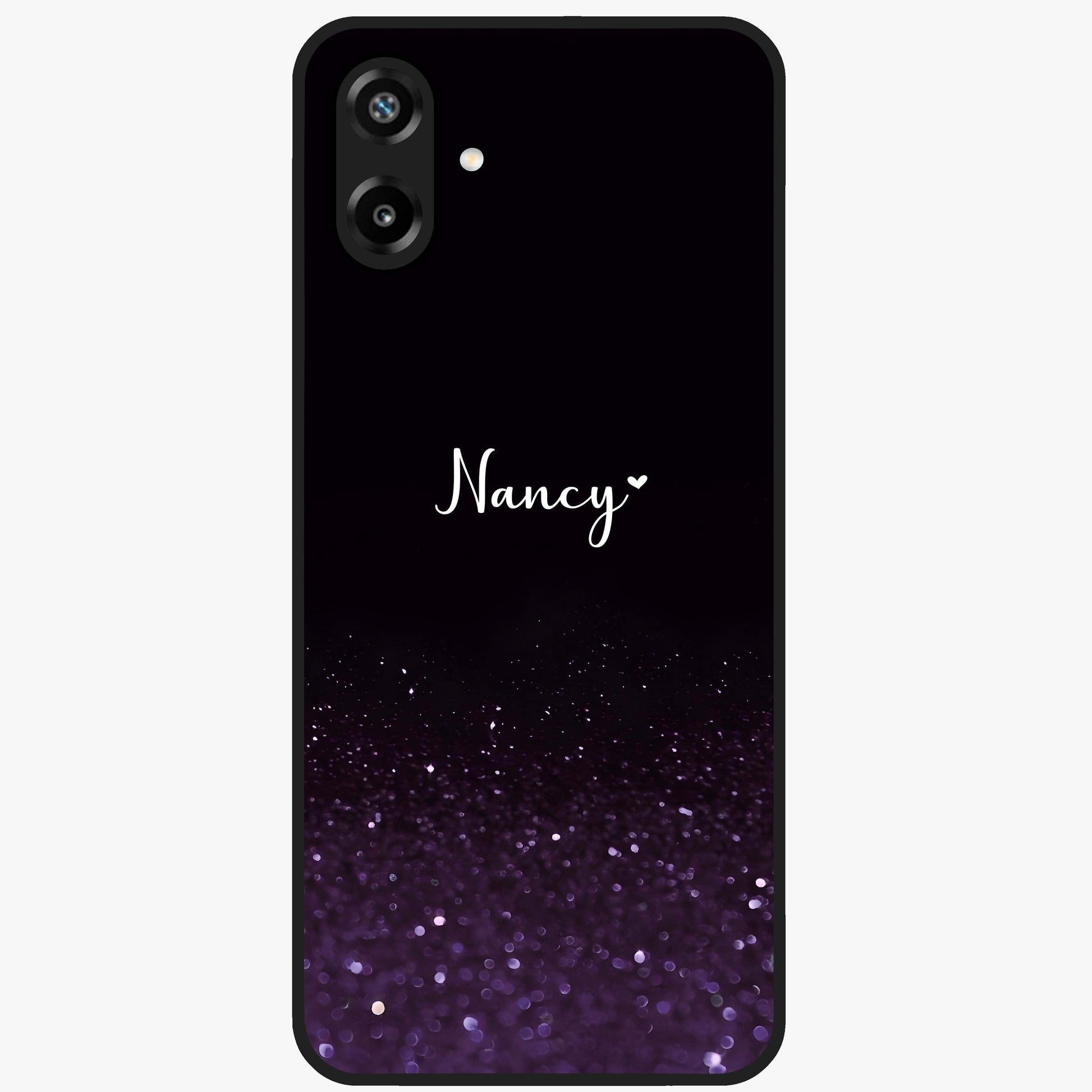 Glittery Purple Bokeh Custom Name Glass Case showing flat back view with purple bokeh sparkle artwork and personalized name design.