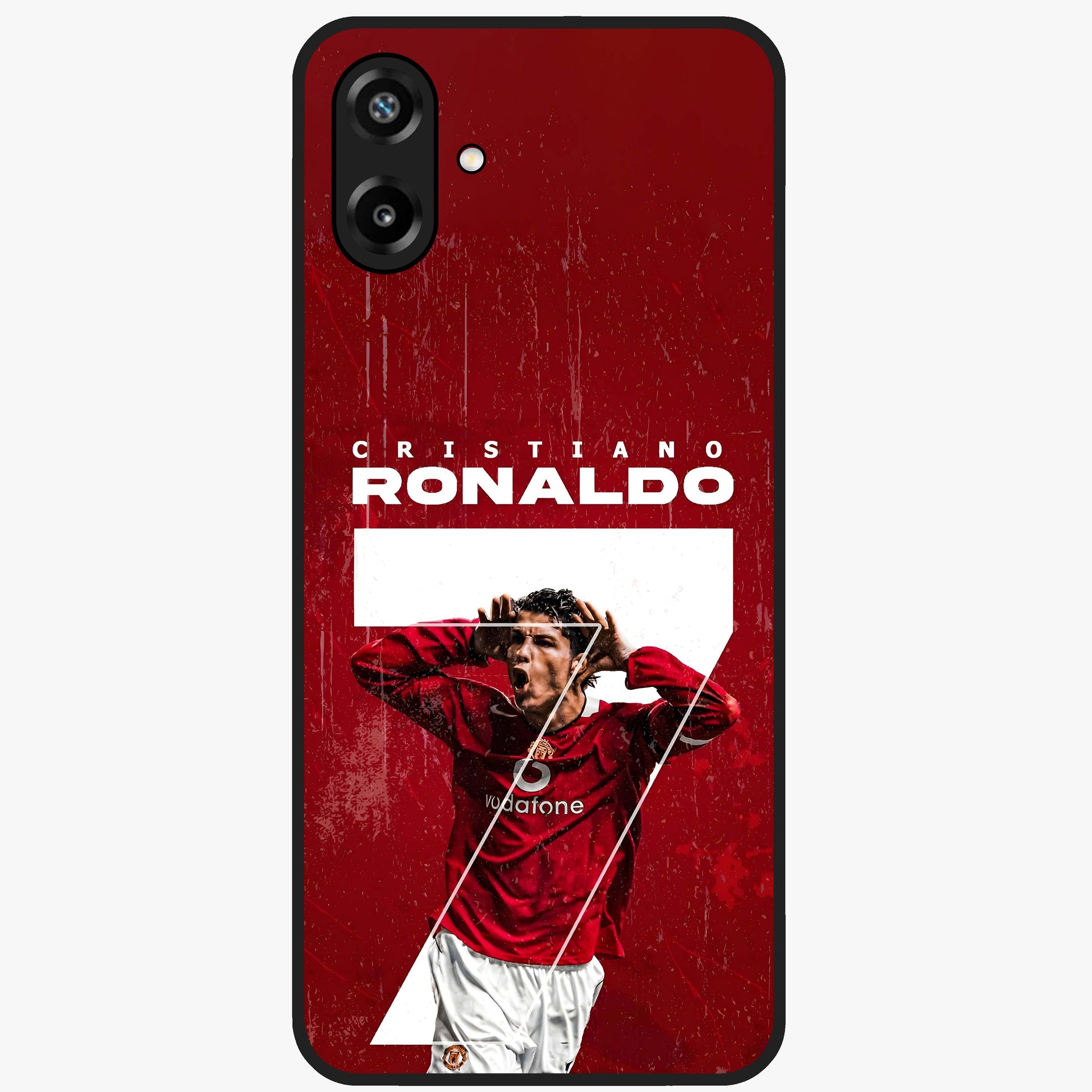 Goal Celebration Legacy Glass Case showing flat back view with football celebration inspired artwork and glossy glass finish.