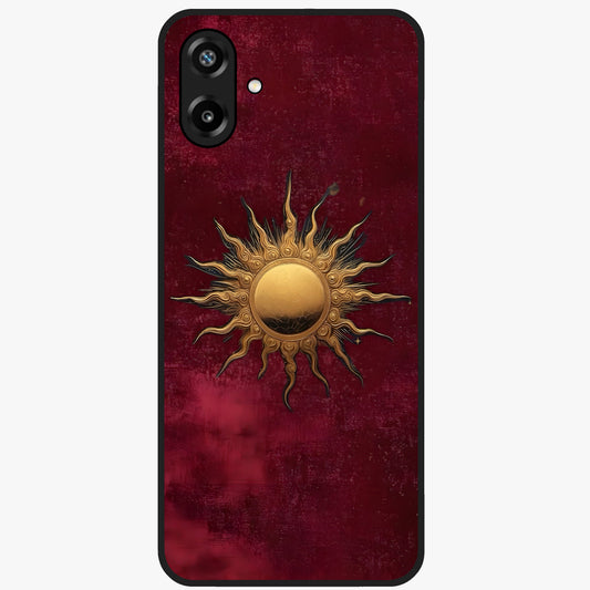 Gold Sun Blush Glass Case showing flat back view with golden sun inspired artwork and glossy glass finish.