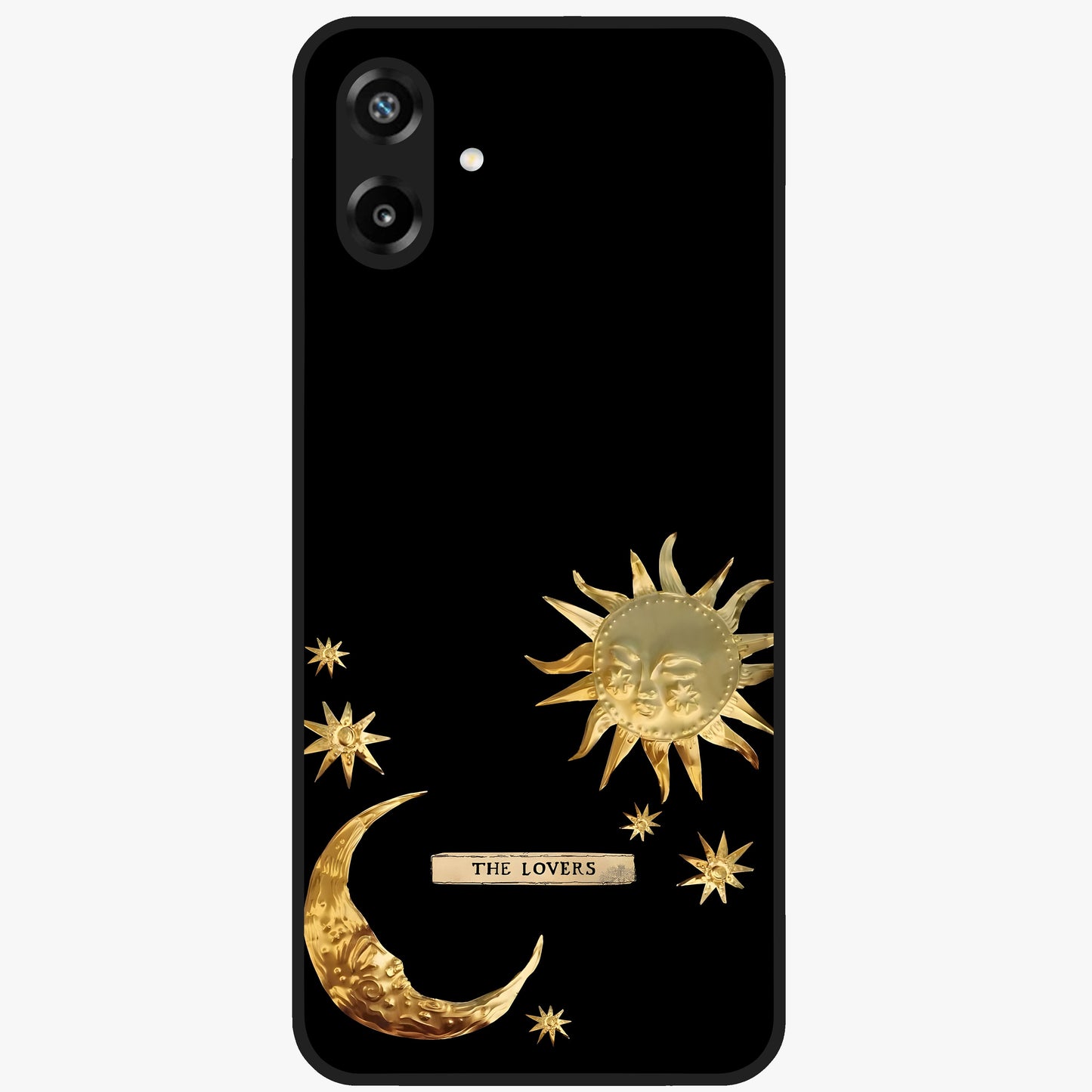 Golden Celestial Charm Glass Case showing flat back view with golden celestial charm artwork and glossy glass finish.