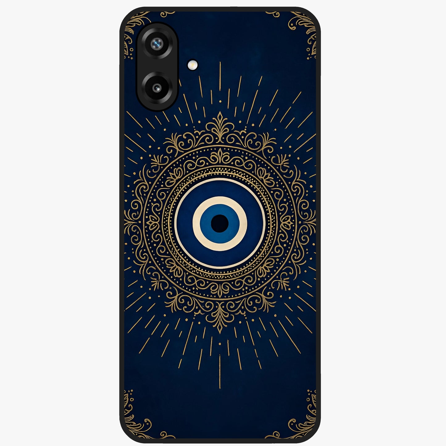 Golden Evil Eye Mandala Glass Case showing flat back view with intricate evil eye mandala artwork and glossy glass finish.