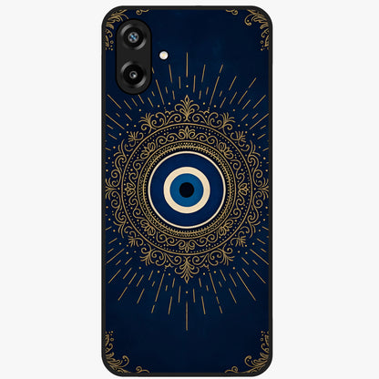 Golden Evil Eye Mandala Glass Case showing flat back view with intricate evil eye mandala artwork and glossy glass finish.
