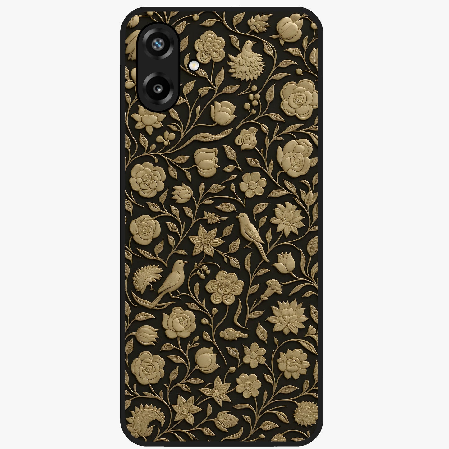 Golden Floral Majesty Glass Case showing flat back view with luxurious golden floral artwork and glossy glass finish.