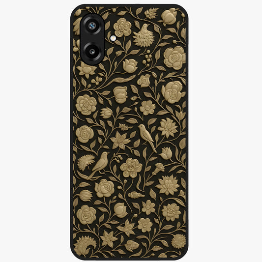 Golden Floral Majesty Glass Case showing flat back view with luxurious golden floral artwork and glossy glass finish.