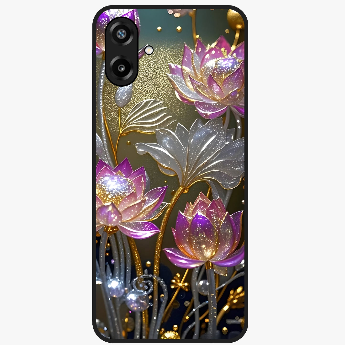 Golden Lotus Glow Glass Case showing flat back view with glowing lotus flower artwork and glossy glass finish.