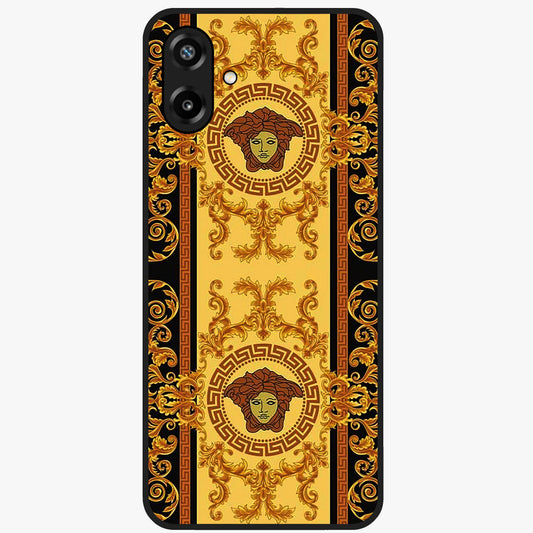 Golden Royal Heritage Glass Case showing flat back view with ornate royal pattern artwork and glossy glass finish.