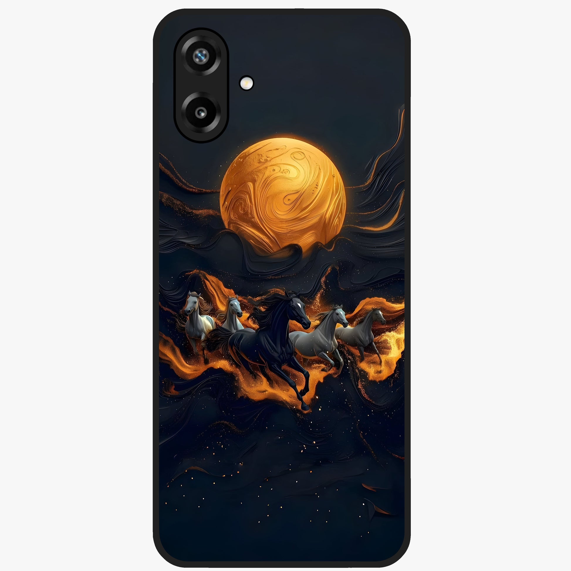 Golden Stallion Moonride Glass Case showing flat back view with majestic horse under moonlight artwork and glossy glass finish.