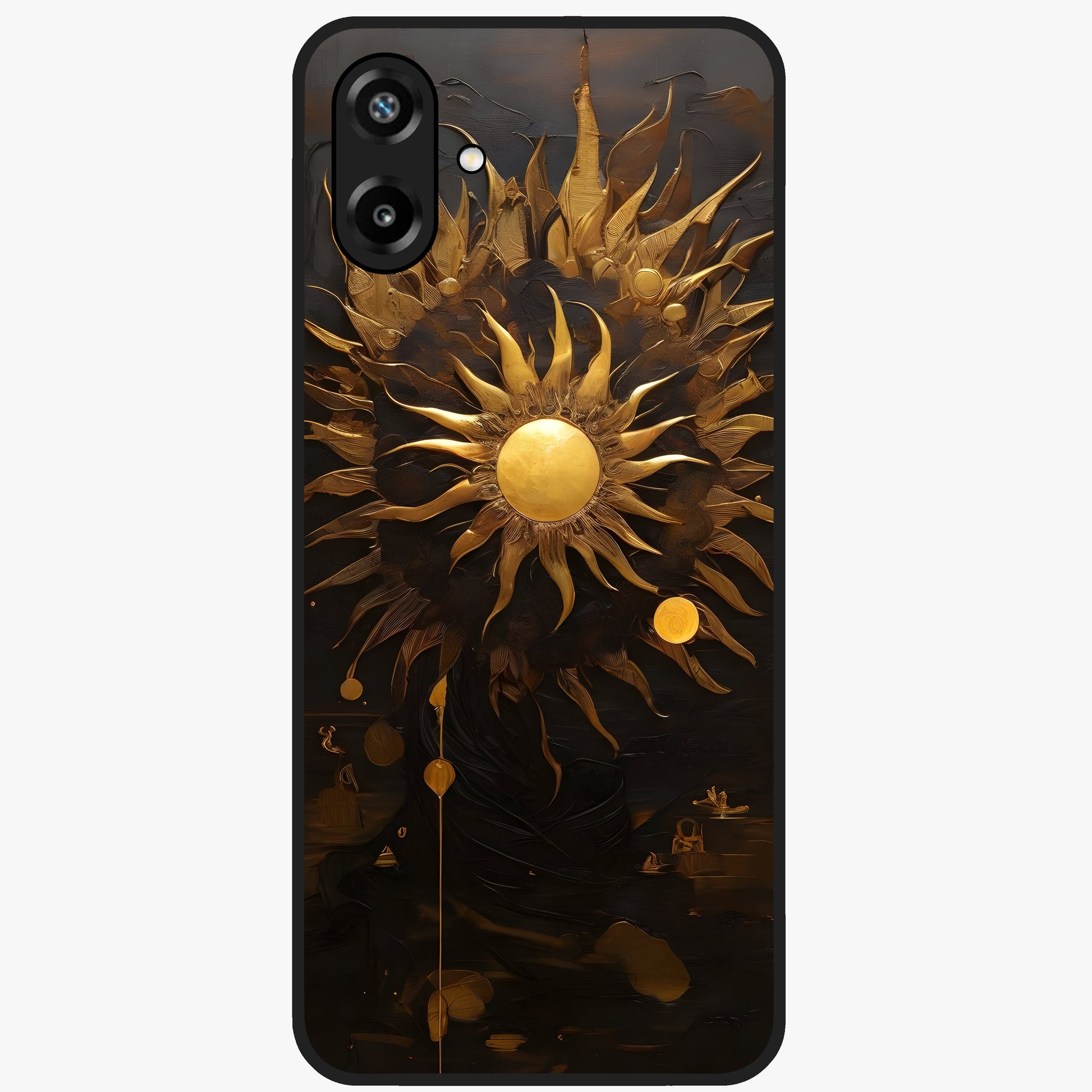 Golden Sun Majesty Glass Case showing flat back view with radiant golden sun artwork and glossy glass finish.