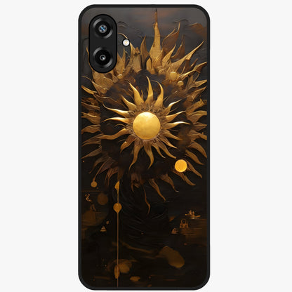 Golden Sun Majesty Glass Case showing flat back view with radiant golden sun artwork and glossy glass finish.