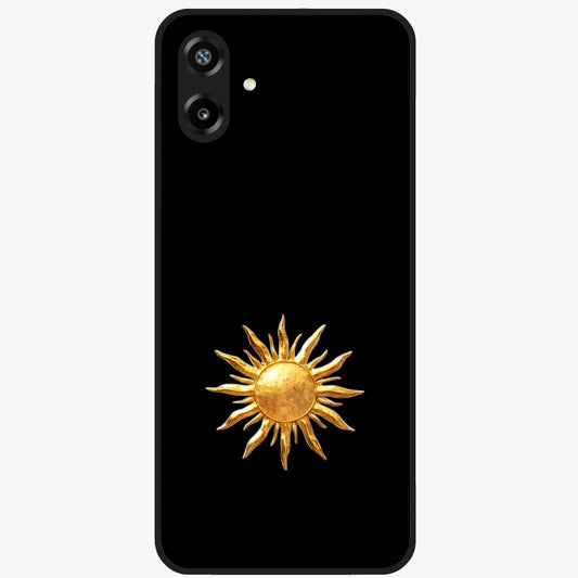 Golden Sun Minimalism Glass Case showing flat back view with minimal golden sun artwork and glossy glass finish.