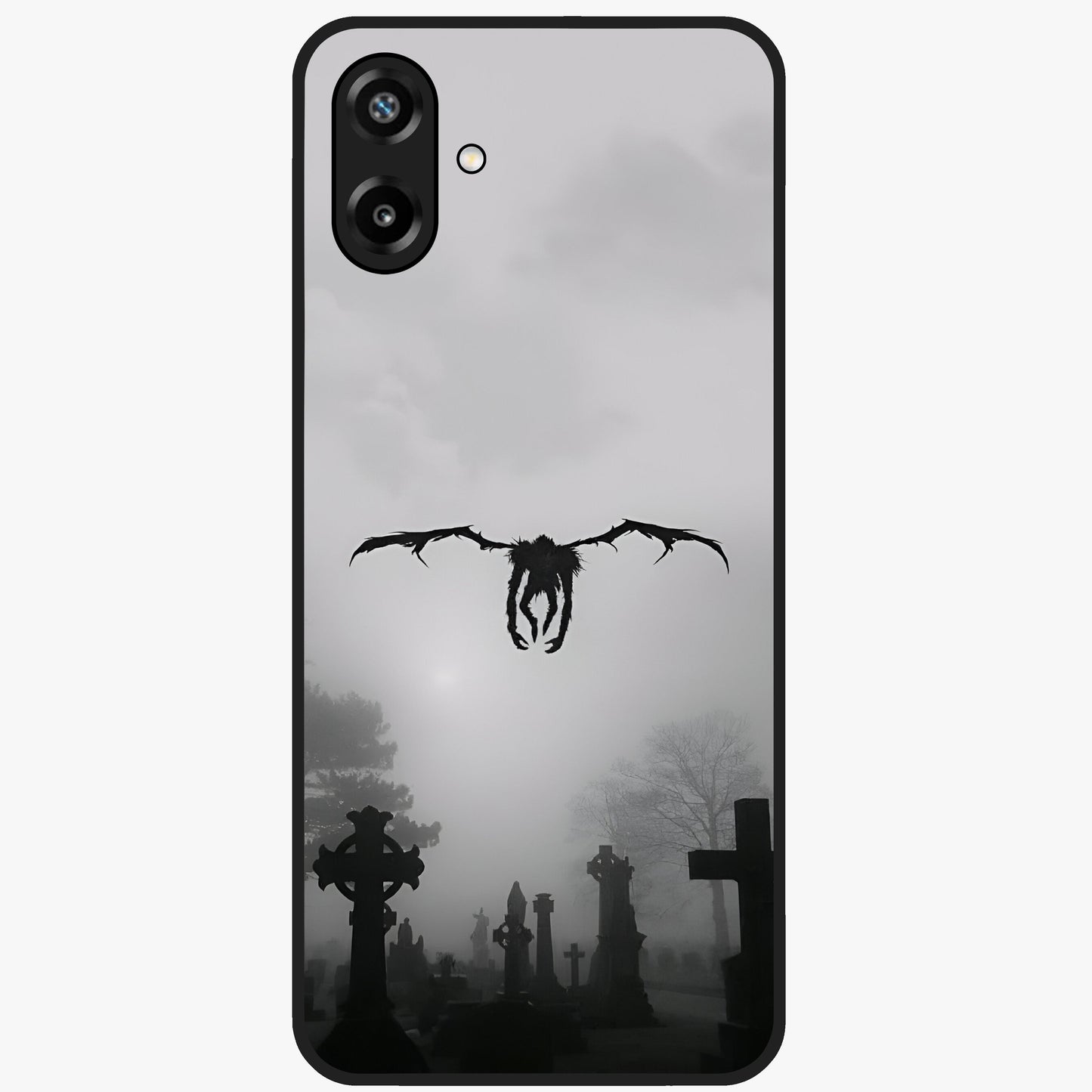 Graveyard Shadow Descent Glass Case showing flat back view with dark graveyard themed artwork and glossy glass finish.