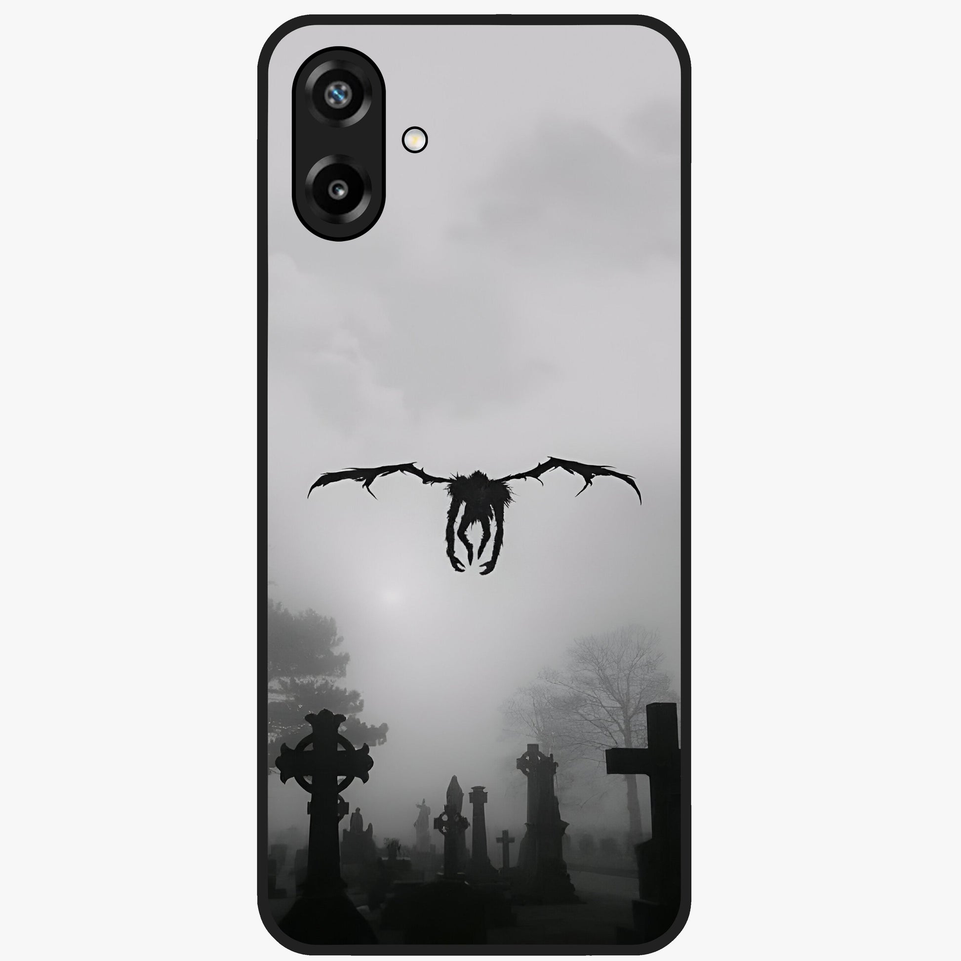 Graveyard Shadow Descent Glass Case showing flat back view with dark graveyard themed artwork and glossy glass finish.