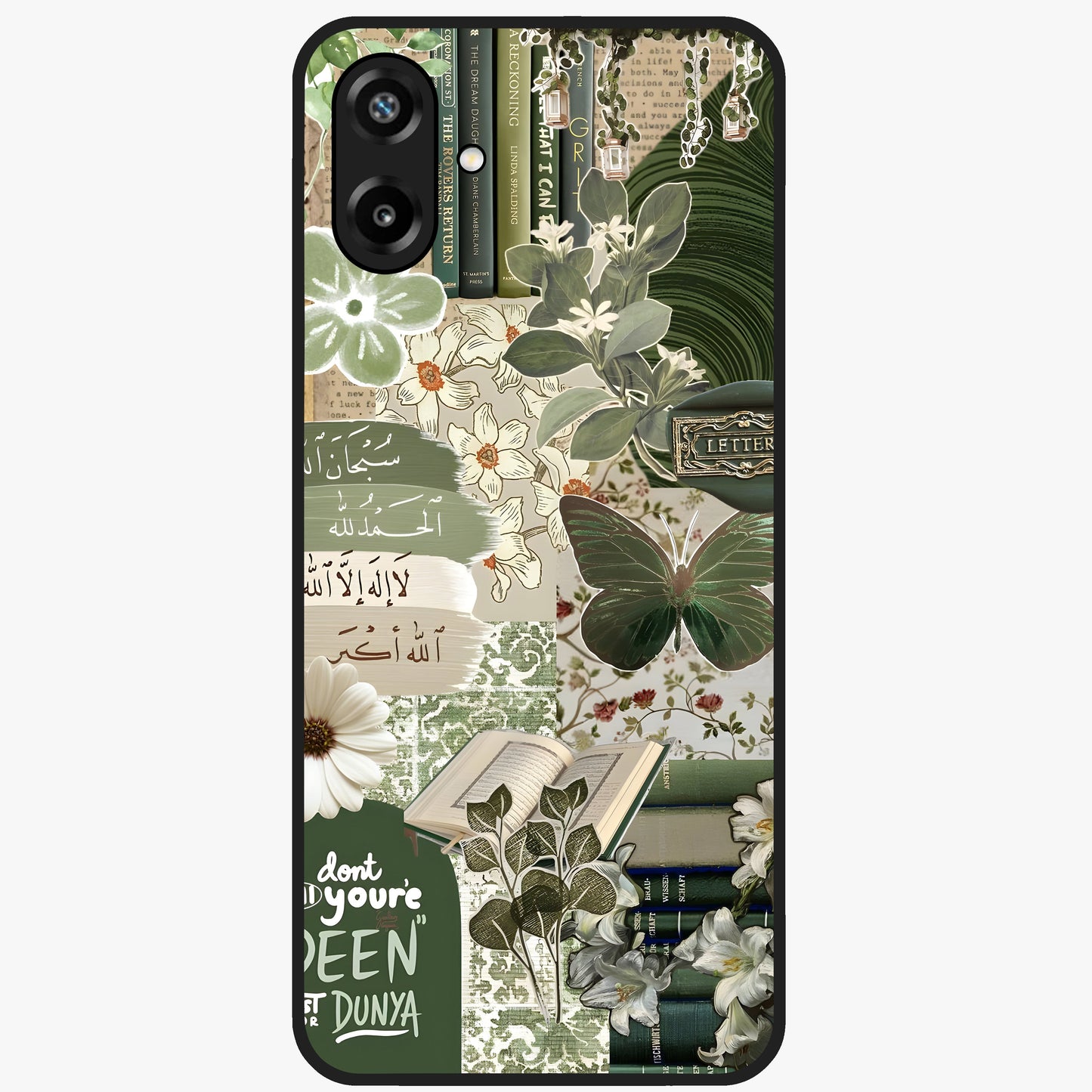 Green Islamic Books Quotes Glass Case showing flat back view with Islamic quotes and book themed artwork and glossy glass finish.
