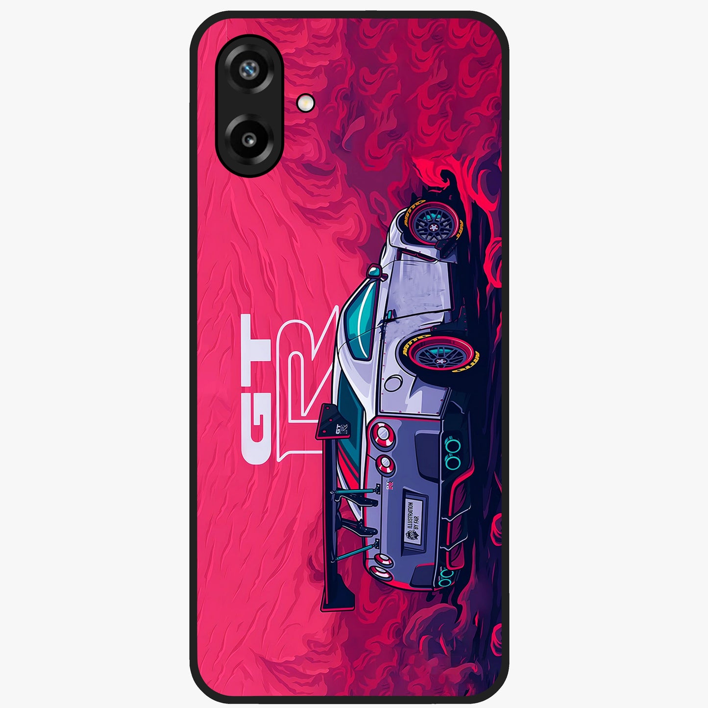 GT-R Car Pattern Glass Case showing flat back view with sporty car inspired pattern artwork and glossy glass finish.
