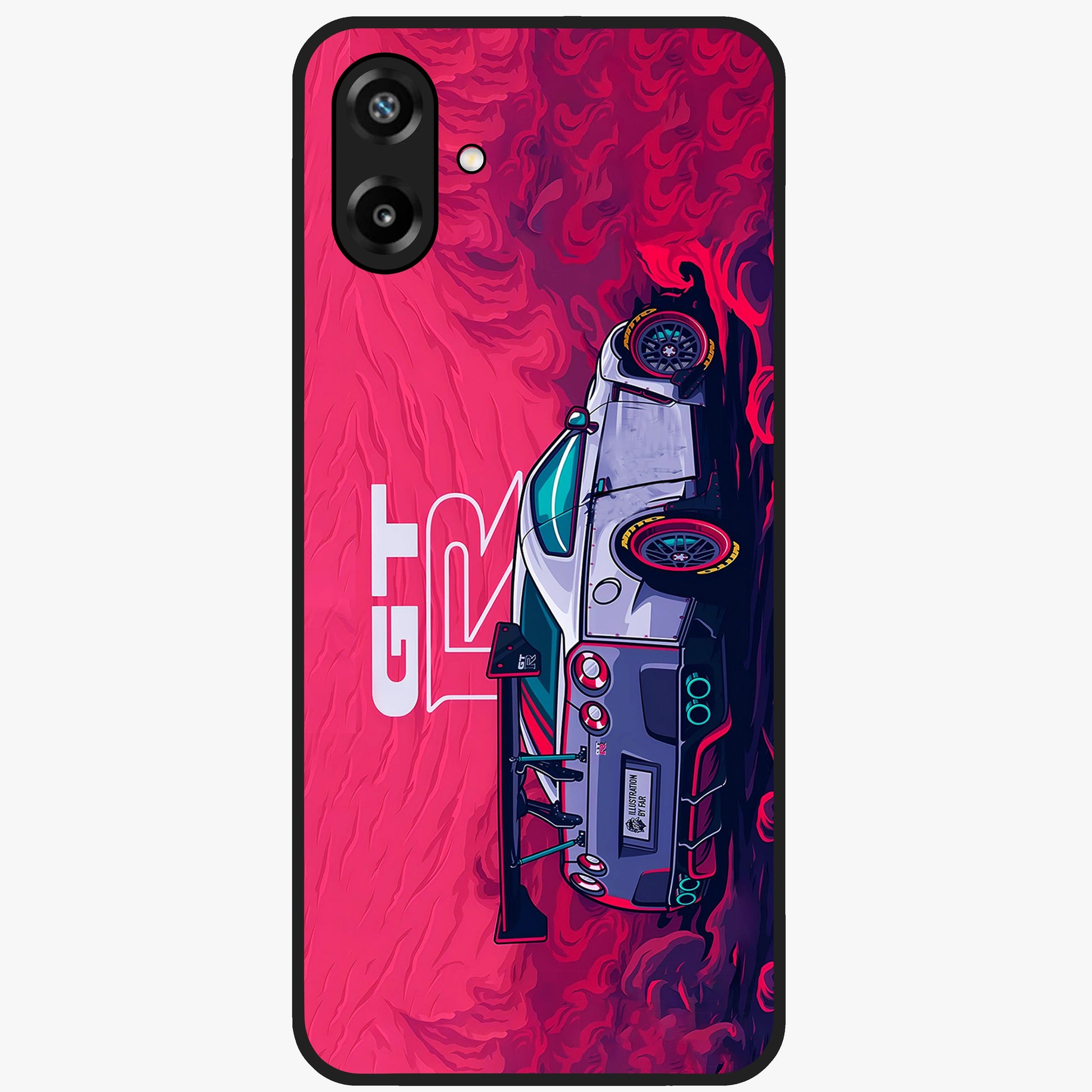 GT-R Car Pattern Glass Case showing flat back view with sporty car inspired pattern artwork and glossy glass finish.