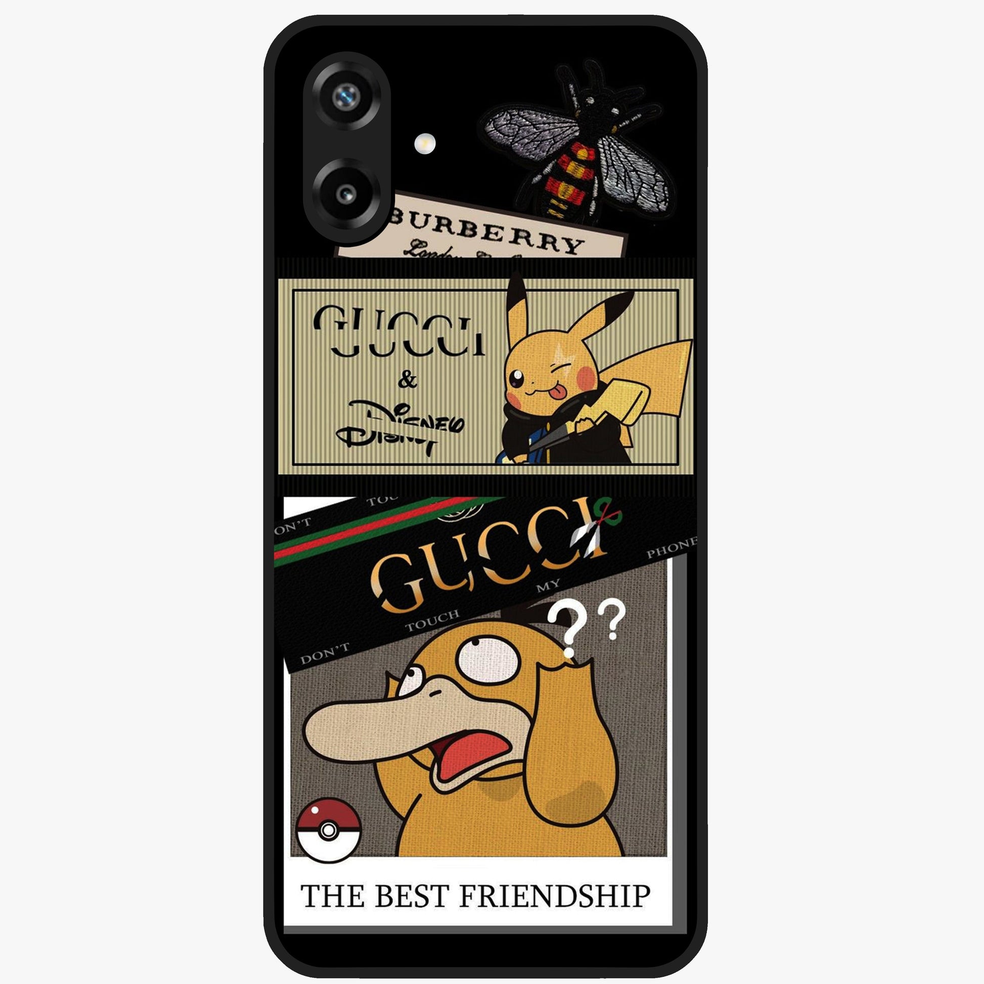 Gucci Play Mashup Glass Case showing flat back view with luxury inspired graphic artwork and glossy glass finish.