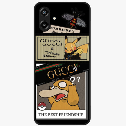 Gucci Play Mashup Glass Case showing flat back view with luxury inspired graphic artwork and glossy glass finish.