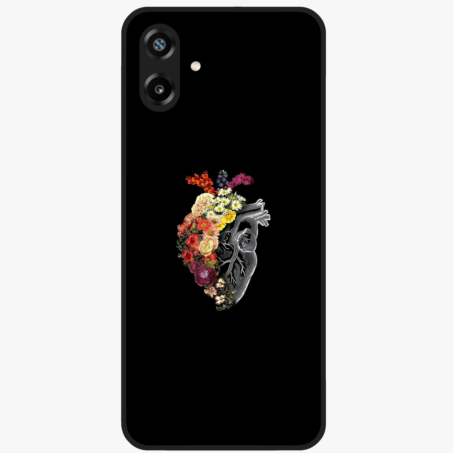 Heart With Flowers Glass Case showing flat back view with heart shaped floral artwork and glossy glass finish.