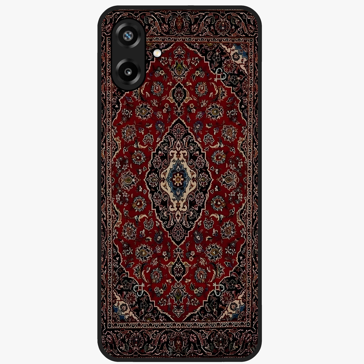 Heritage Carpet Royale Glass Case showing flat back view with ornate Persian carpet inspired pattern and glossy glass finish.