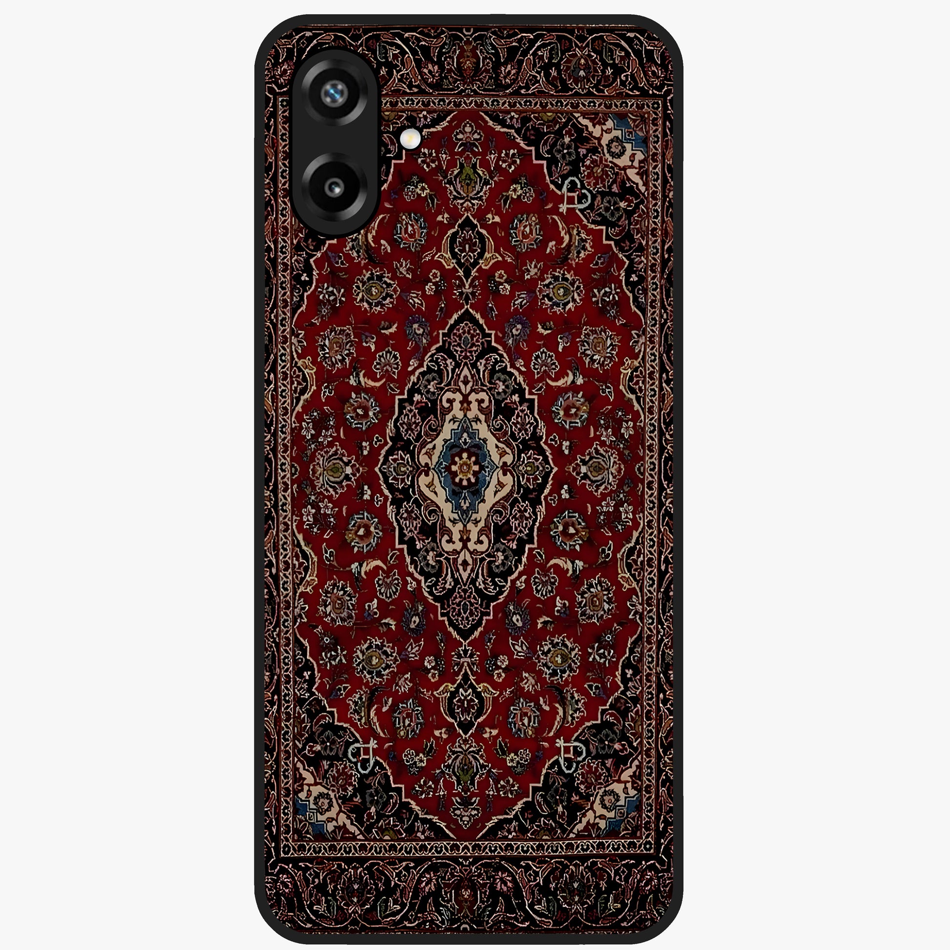 Heritage Carpet Royale Glass Case showing flat back view with ornate Persian carpet inspired pattern and glossy glass finish.
