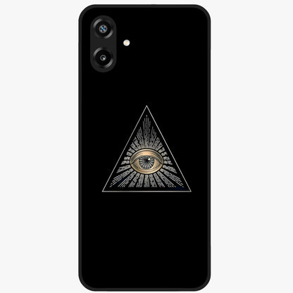 Illuminati Evil Glass Case showing flat back view with mysterious illuminati symbol artwork and glossy glass finish.