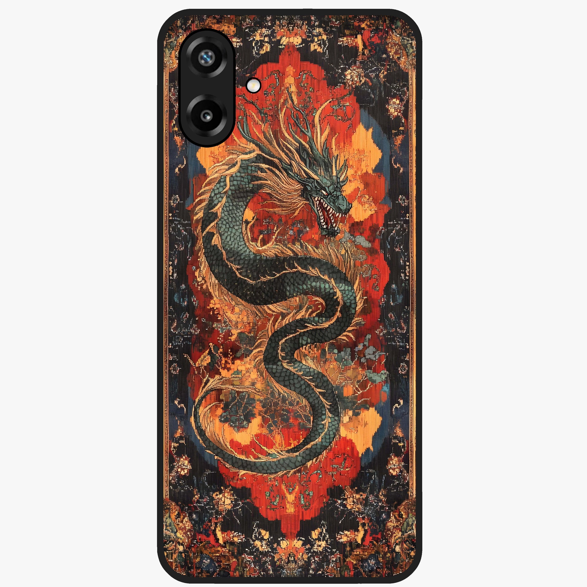Inferno Dragon Soul Glass Case showing flat back view with fiery dragon artwork and glossy glass finish.