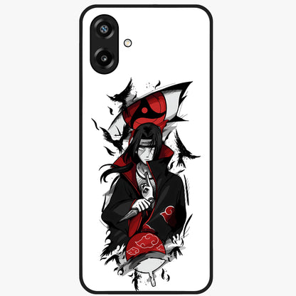 Itachi Sharingan Glass Case showing flat back view with powerful anime eye artwork and glossy glass finish.