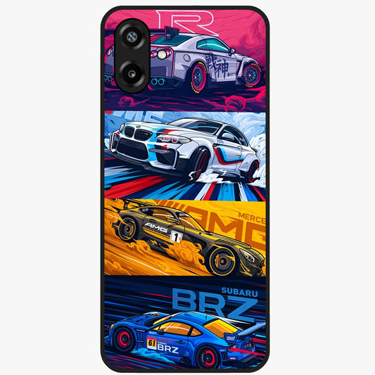 JDM Sports Car Glass Case showing flat back view with high performance sports car artwork and glossy glass finish.